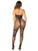 Black Seamless Net and Lace Lingerie Jumpsuit - With Keyhole Crossover Halter - Os